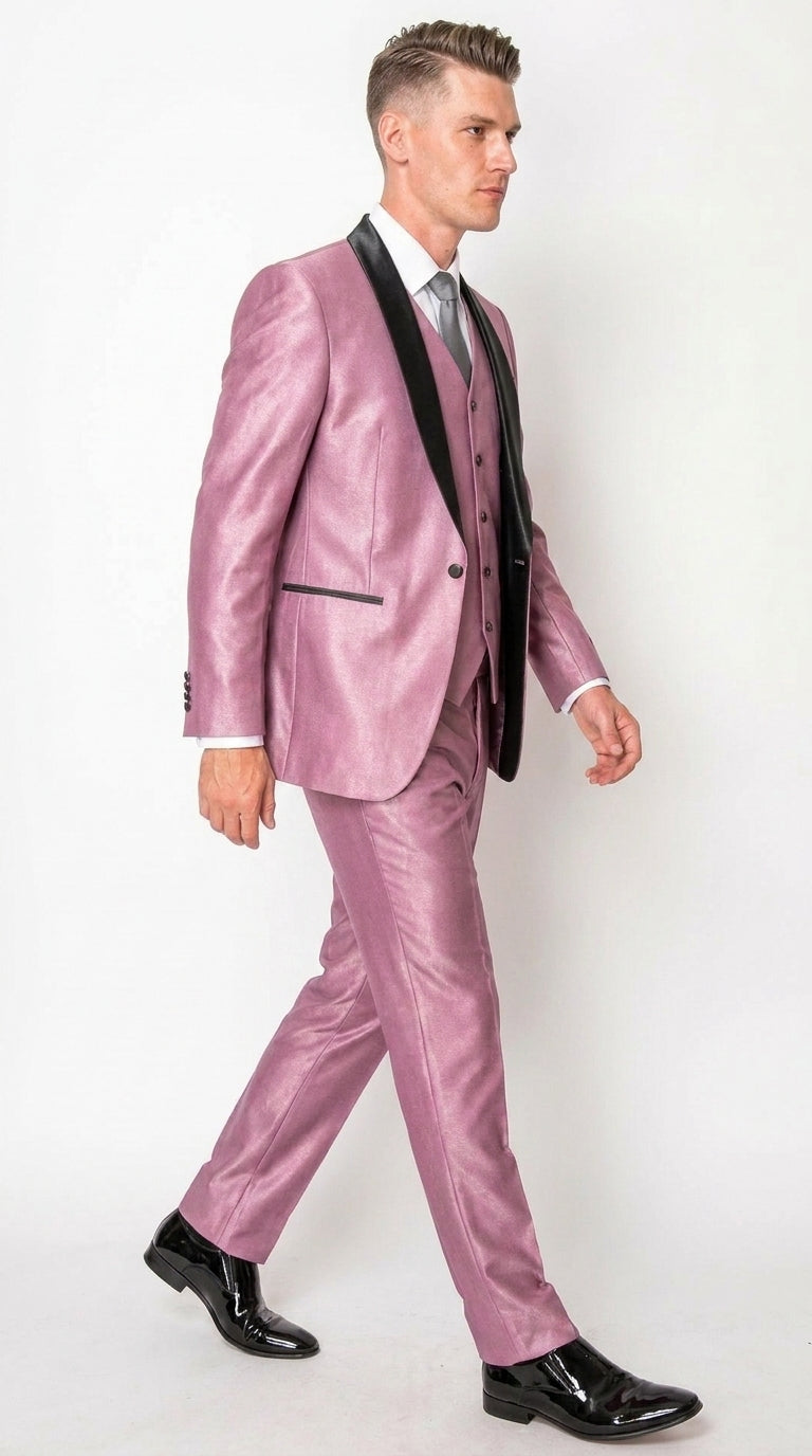 Men’s Shiny Mauve Pink 3 Piece Tuxedo – Wedding & Prom Suit with Black Shawl Lapel