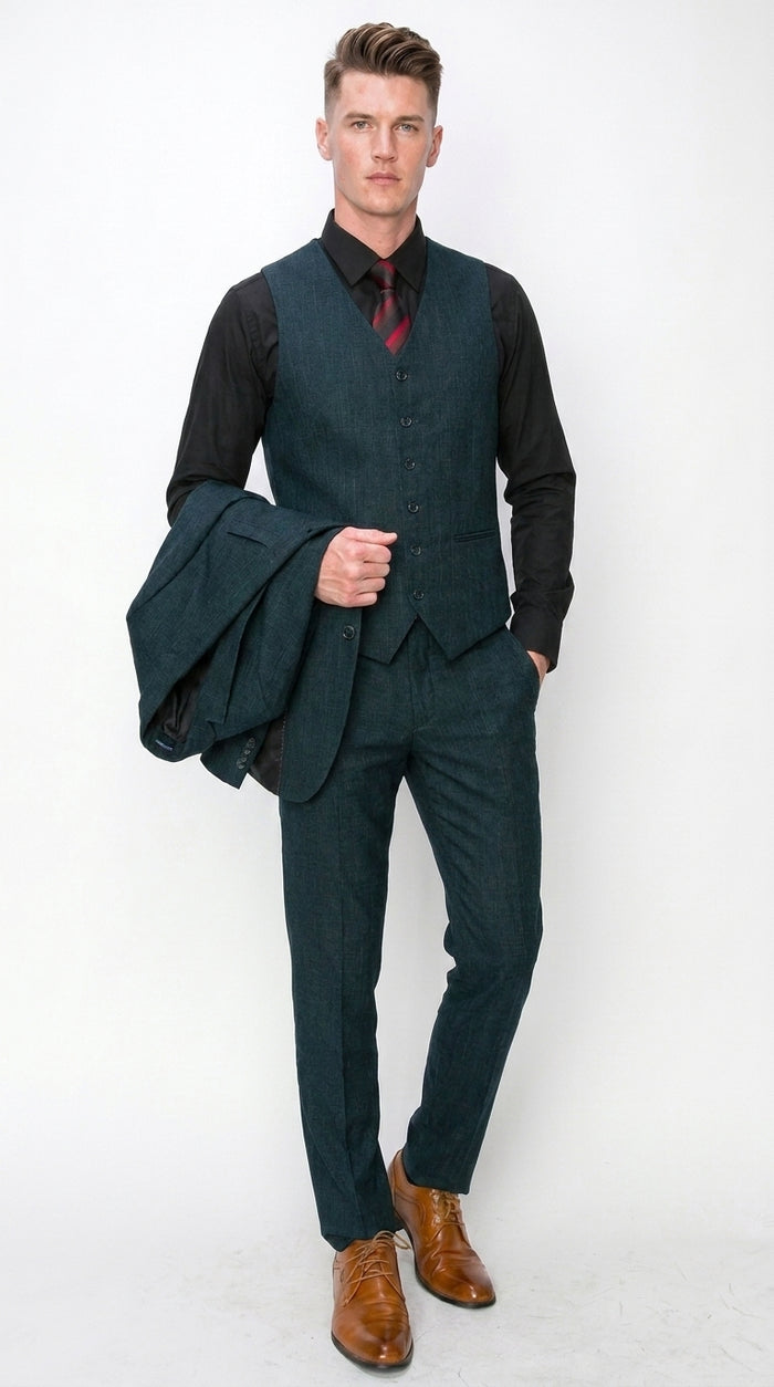 Men’s Teal Green 3 Piece Suit – Modern Two Button Suit with Matching Vest & Pants