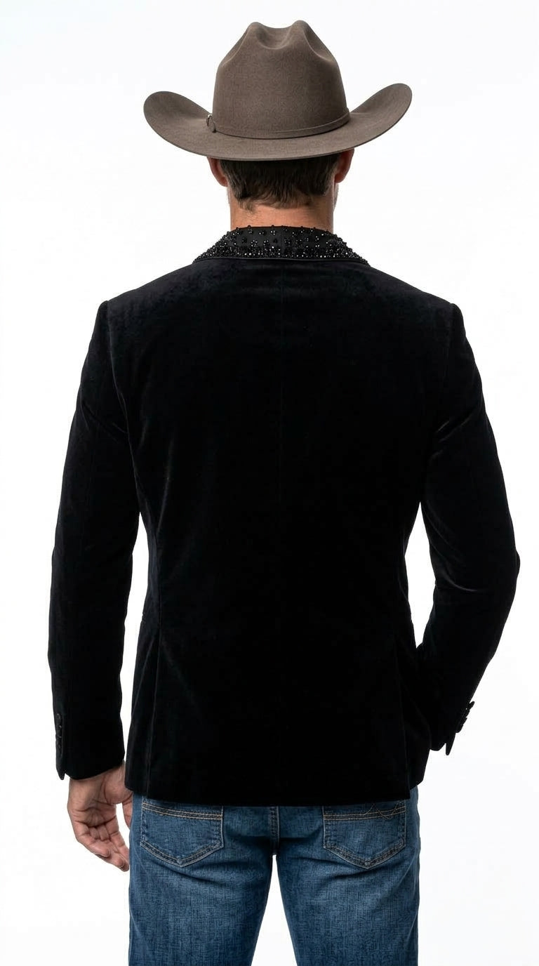 Men’s Black Velvet Western Blazer – Rhinestone Formal Cowboy Sport Jacket Removable Rhinestone Glitter Lapel