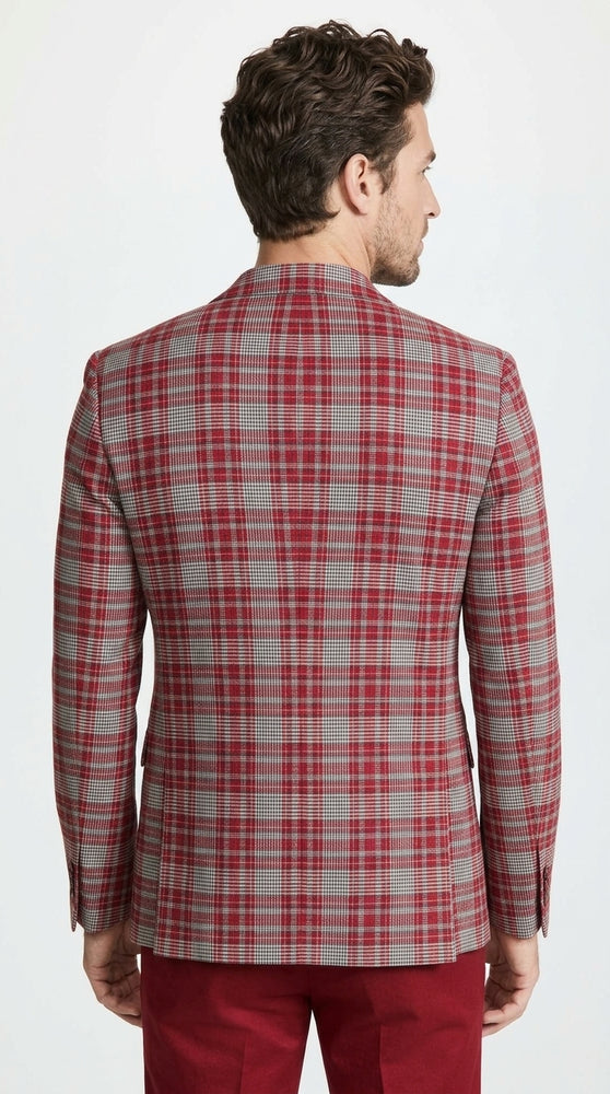 Men's Red Tartan Plaid Blazer Checkered Sport Coat Holiday New Year Gray Windowpane