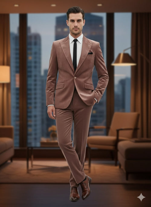 Mauve velvet two-piece suit with ultra-slim fit. Light brown hue, soft textured fabric. Blazer: notch lapel, single-button, two pockets. Matching slim-fit pants.
