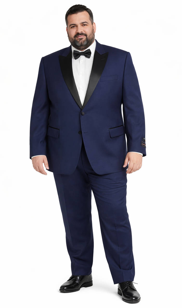Navy tuxedo inspired by The Great Gatsby. Tailored fit, black satin peak lapels, single-button closure, and matching trousers. Sophisticated and classic.
