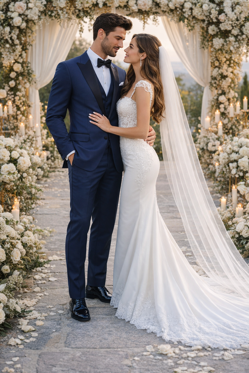 Navy blue peak lapel tuxedo inspired by The Great Gatsby. Tailored fit with structured shoulders, smooth fabric. Classic style and elegant design.
