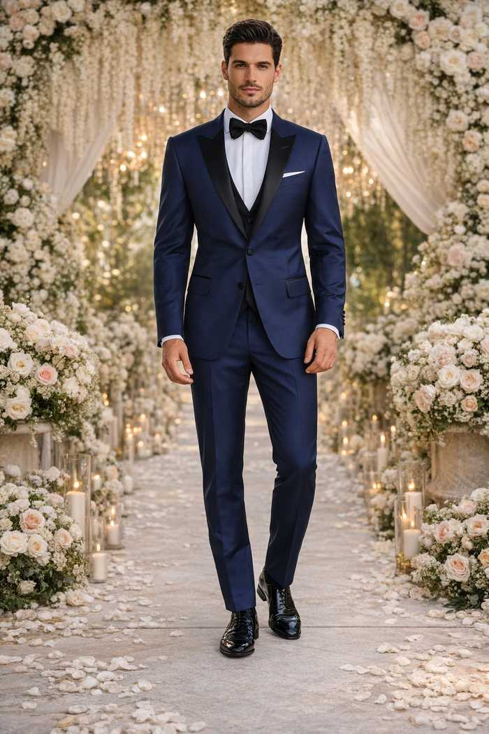 Navy blue peak lapel tuxedo inspired by The Great Gatsby. Features a smooth, reflective fabric, fitted single-breasted jacket, and tailored trousers. Includes a black bow tie, white pocket square, and polished black shoes.
