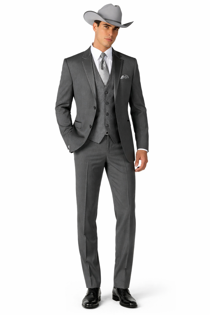 2 Button Trim Cowboy Tuxedo in Grey Cowboy Suit - Country Wedding Suits