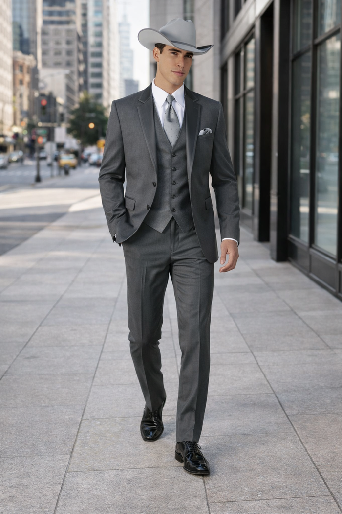 2 Button Trim Cowboy Tuxedo in Grey Cowboy Suit - Country Wedding Suits