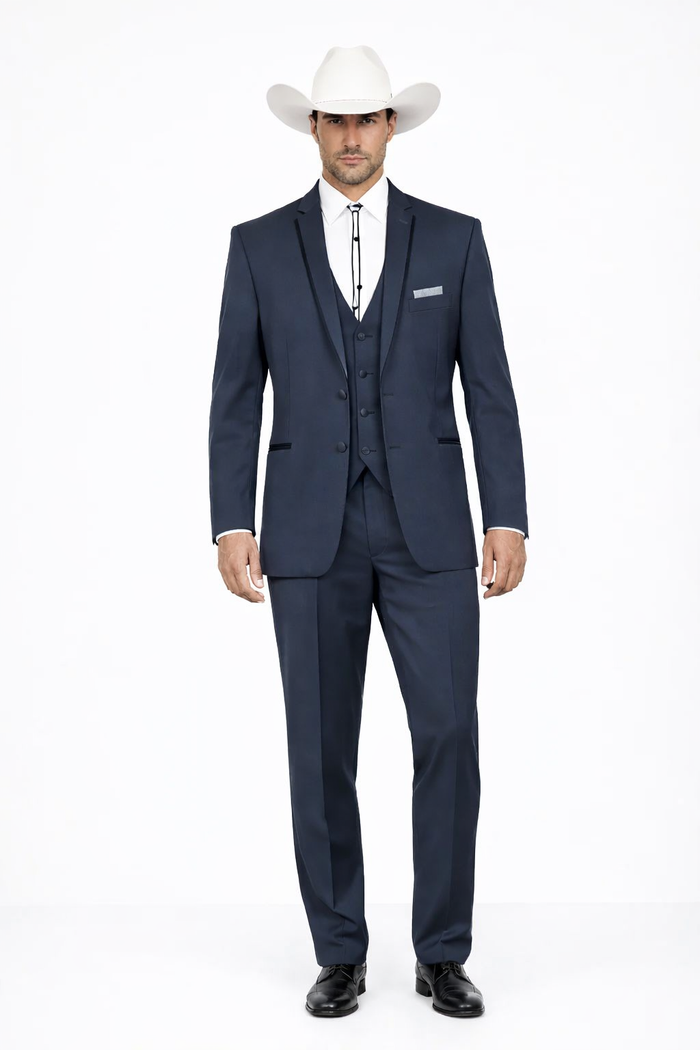 2 Button Vested Satin Trim Lapel Cowboy Tuxedo in Navy