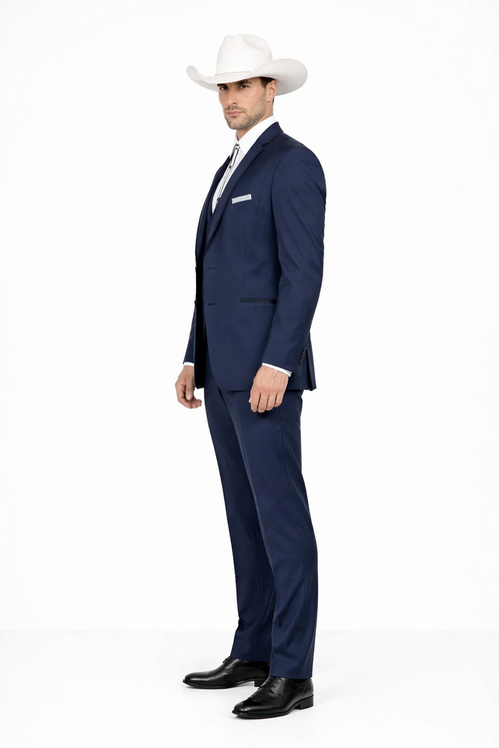 2 Button Vested Satin Trim Lapel Cowboy Tuxedo in Navy