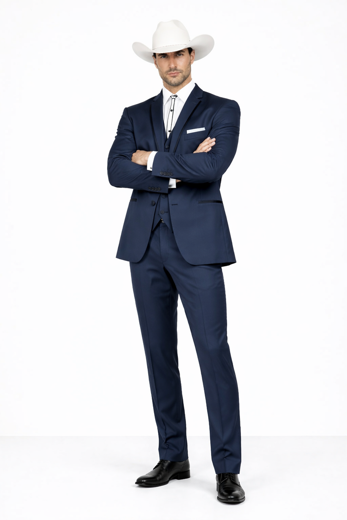 2 Button Vested Satin Trim Lapel Cowboy Tuxedo in Navy