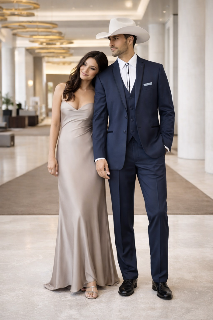 2 Button Vested Satin Trim Lapel Cowboy Tuxedo in Navy