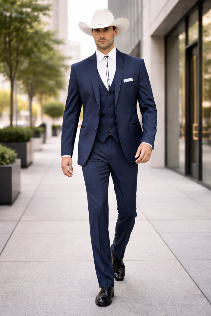 2 Button Vested Satin Trim Lapel Cowboy Tuxedo in Navy