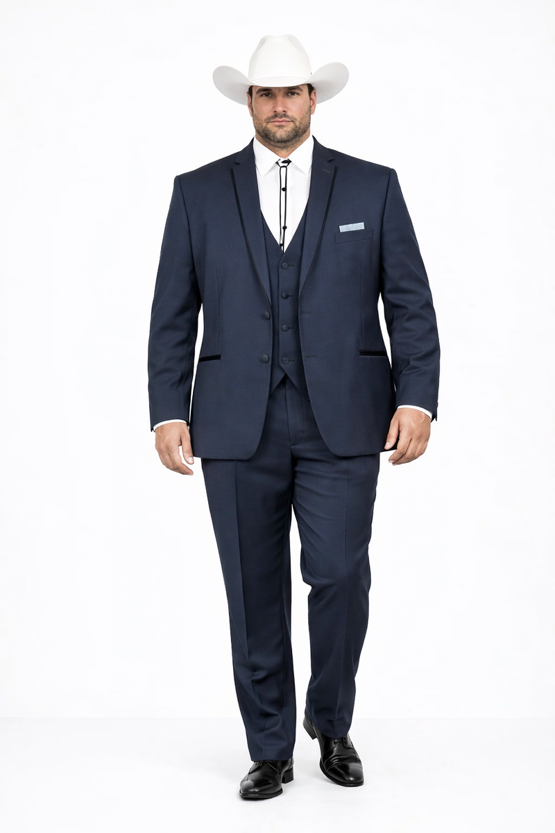 2 Button Vested Satin Trim Lapel Cowboy Tuxedo in Navy