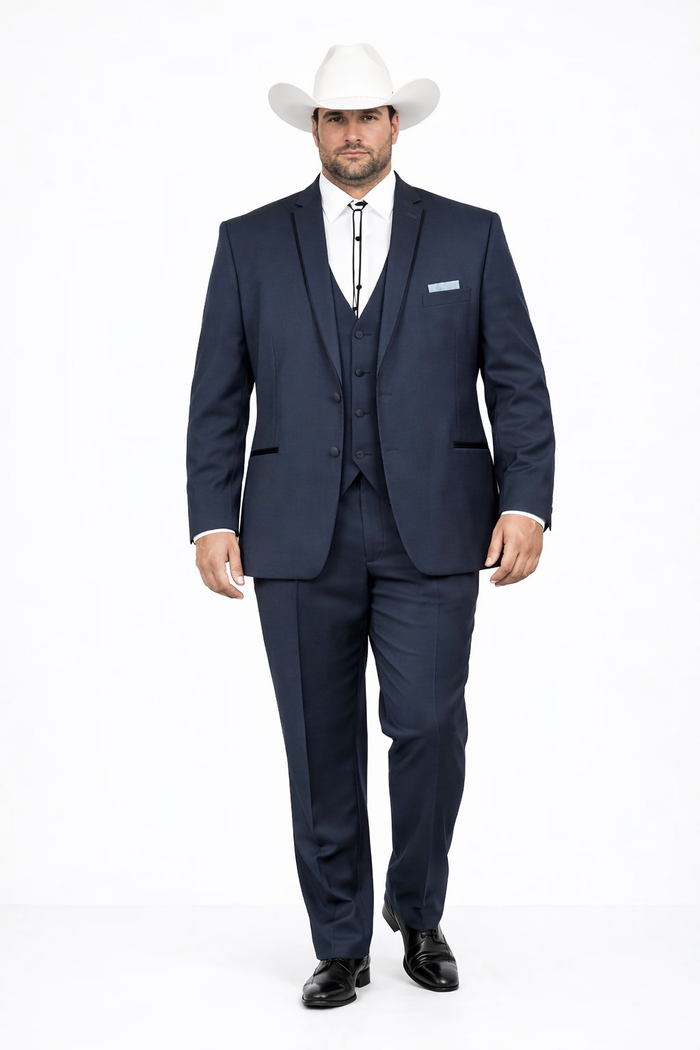 2 Button Vested Satin Trim Lapel Cowboy Tuxedo in Navy
