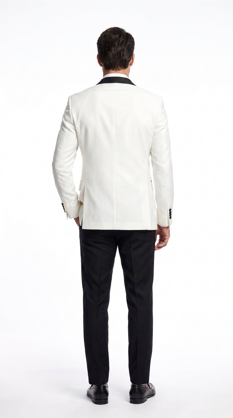 Men’s Vintage Hollywood Ivory Double-Breasted Tuxedo – Black Peak Lapel Wedding and Formal Suit