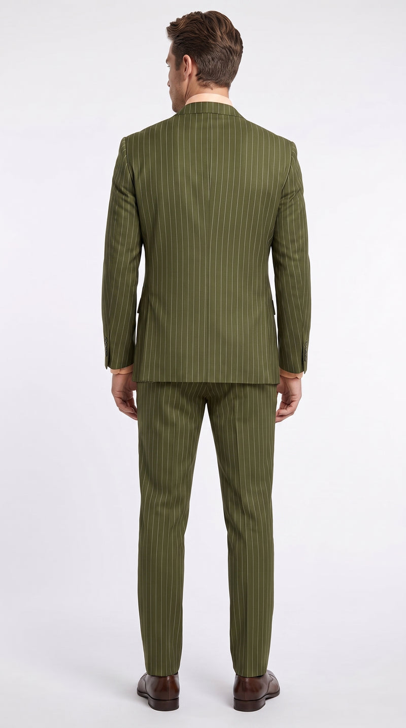 Men’s Olive Green Pinstripe Double-Breasted Suit – Classic Wedding, Business and Formal Suit