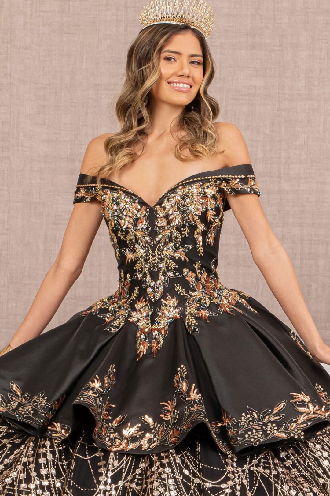 2 piece Off Shoulder Black Gold Quince Ball Gown by Elizabeth K GL3098