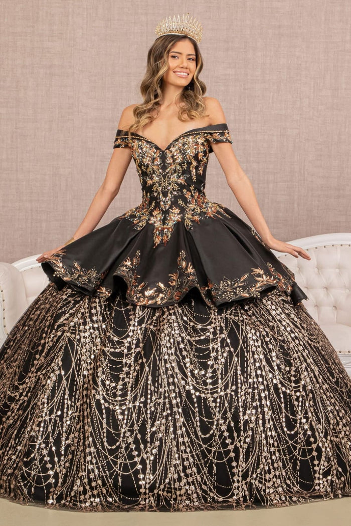2 piece Off Shoulder Black Gold Quince Ball Gown by Elizabeth K GL3098