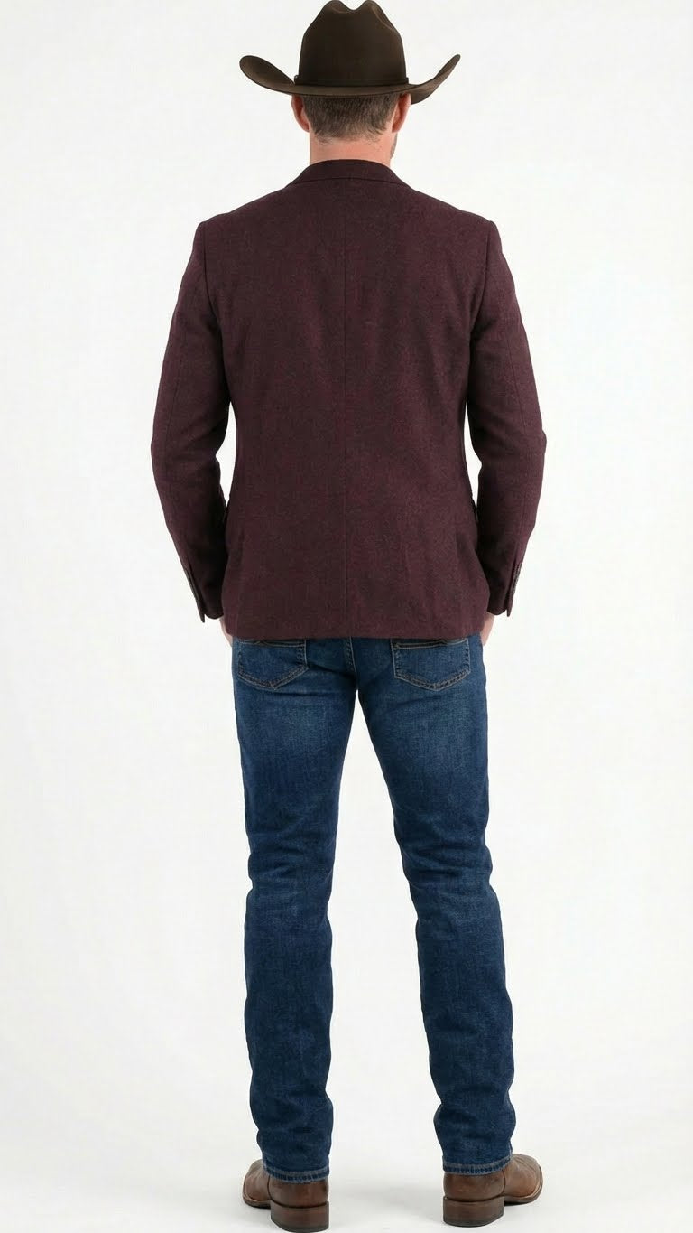 Menâ€™s Burgundy Western  Blazer Jacket, Textured Cowboy Style Sport Coat for  - Tweed Herringbone Maroon Color