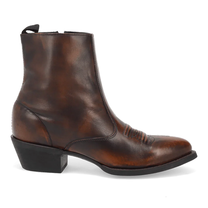 Laredo Fletcher men's boots. Tall, slender silhouette with round toe. Rich brown leather upper with subtle tone variations. Side zipper. Decorative vamp stitching. Slightly elevated heel.
