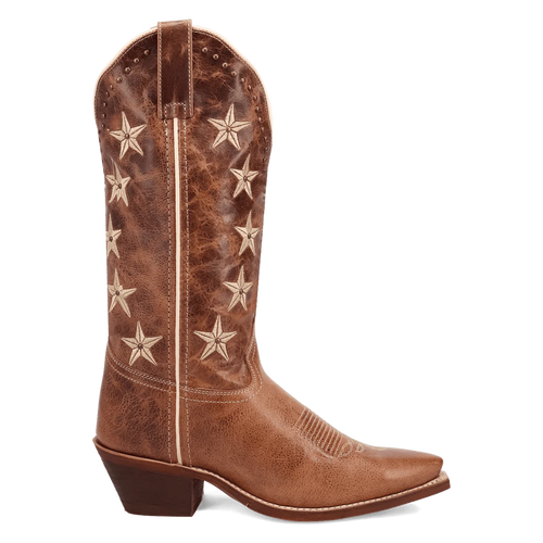 Laredo Serenade women's boot: Distressed brown leather with star embroidery. Tall, structured shaft, pointed toe. Stacked heel, contrasting stitch detail. Pull tab for easy on/off.

