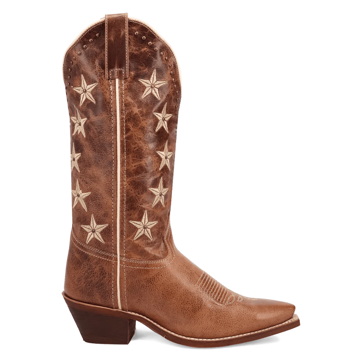 Laredo Serenade women's boot: Distressed brown leather with star embroidery. Tall, structured shaft, pointed toe. Stacked heel, contrasting stitch detail. Pull tab for easy on/off.
