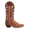 Laredo Serenade women's boot: Distressed brown leather with star embroidery. Tall, structured shaft, pointed toe. Stacked heel, contrasting stitch detail. Pull tab for easy on/off.
