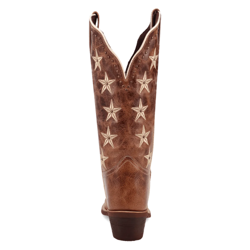 Laredo Serenade women's boot: tall brown leather shaft, pointed top, rounded toe. Cream star pattern on the front. Decorative stitching, slightly elevated wood-like heel.
