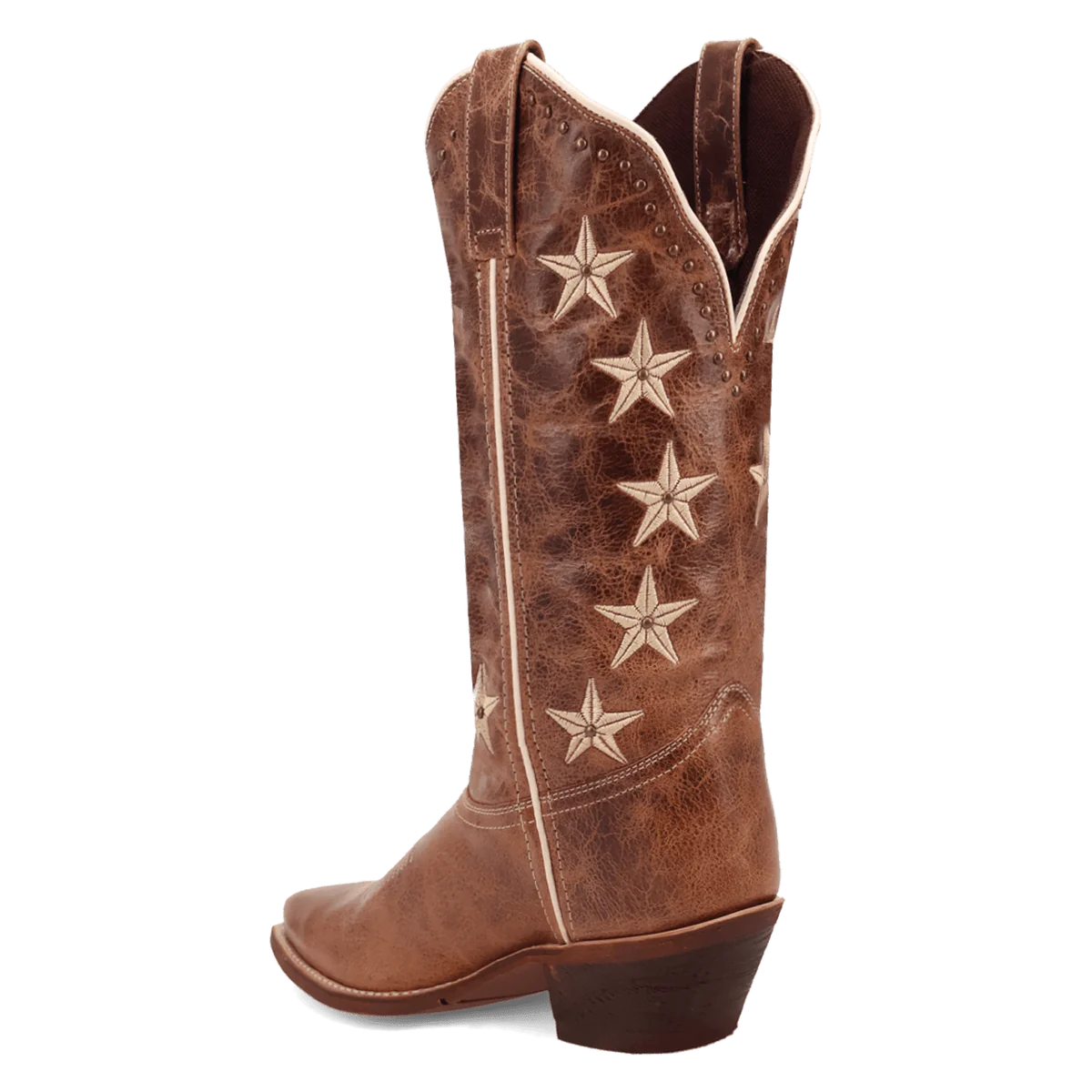 Laredo women's Serenade boot: Tall, distressed brown leather with cream star patterns. Rounded toe, slightly elevated heel, and stitched outline. Wide opening with a folded edge.
