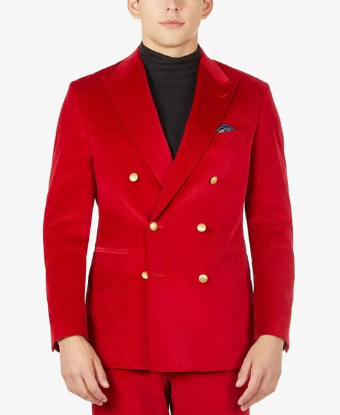 Men's Slim-Fit Bright Red Velvet Double-Breasted Suit Separate Jacket