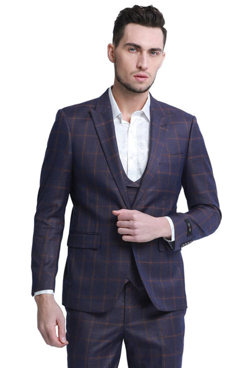 "Burgundy Plaid Men's Slim Fit Double Breasted Vest Suit - One Button"