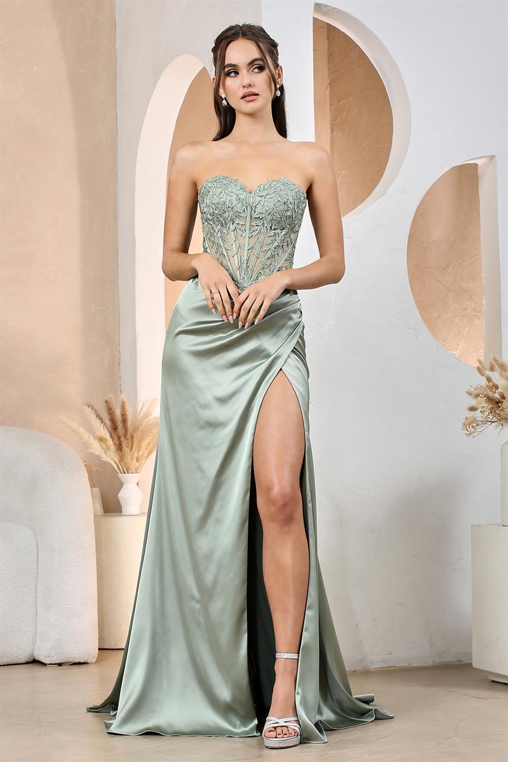 Adora Design 3161 Satin Lace Corset Fitted Long Formal Gown