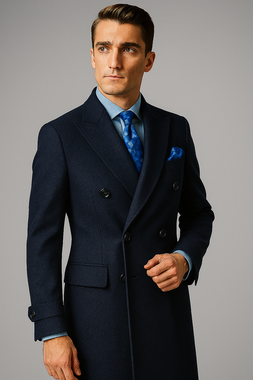 "Men's Navy Wool Peacoat â€“ Double Breasted 3/4 Length Overcoat"