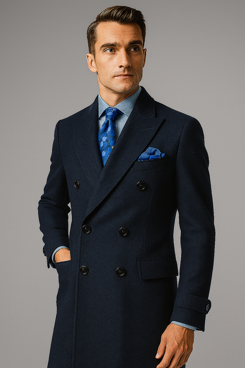 "Men's Navy Wool Peacoat â€“ Double Breasted 3/4 Length Overcoat"