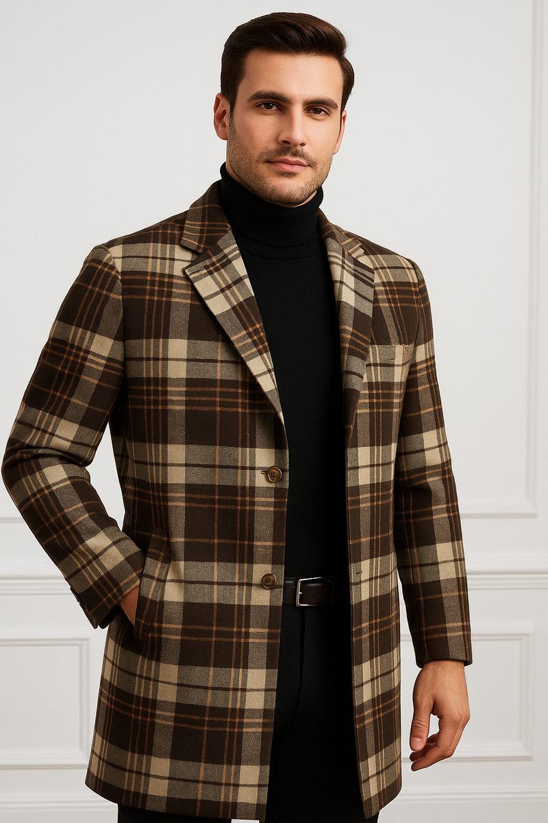Plaid Wool Overcoat â€“ Brown & Camel Mixed Color Topcoat