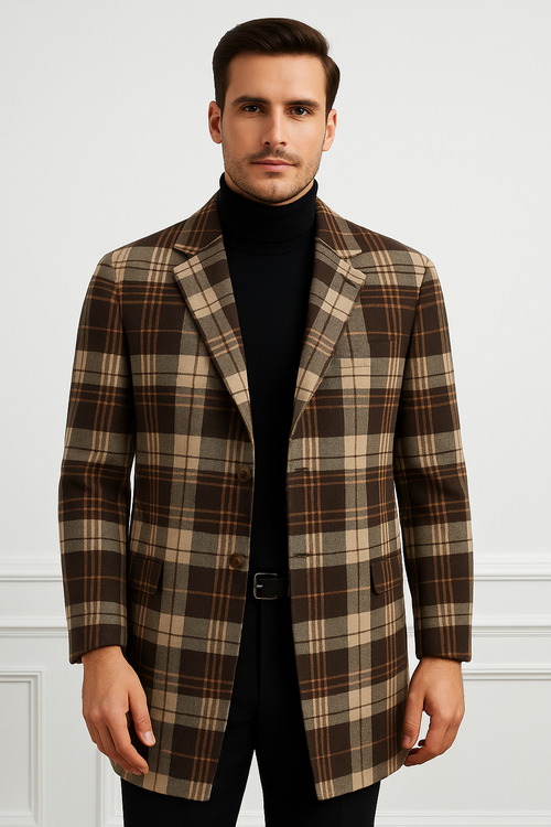 Plaid Wool Overcoat â€“ Brown & Camel Mixed Color Topcoat