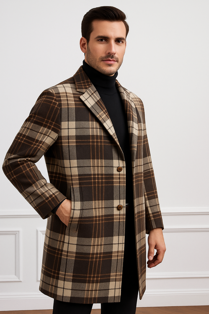 Plaid Wool Overcoat â€“ Brown & Camel Mixed Color Topcoat