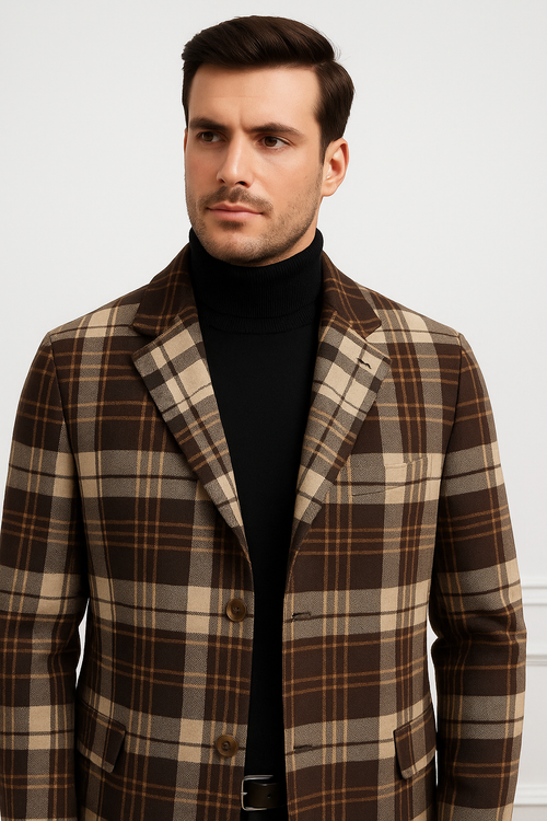 Plaid Wool Overcoat â€“ Brown & Camel Mixed Color Topcoat