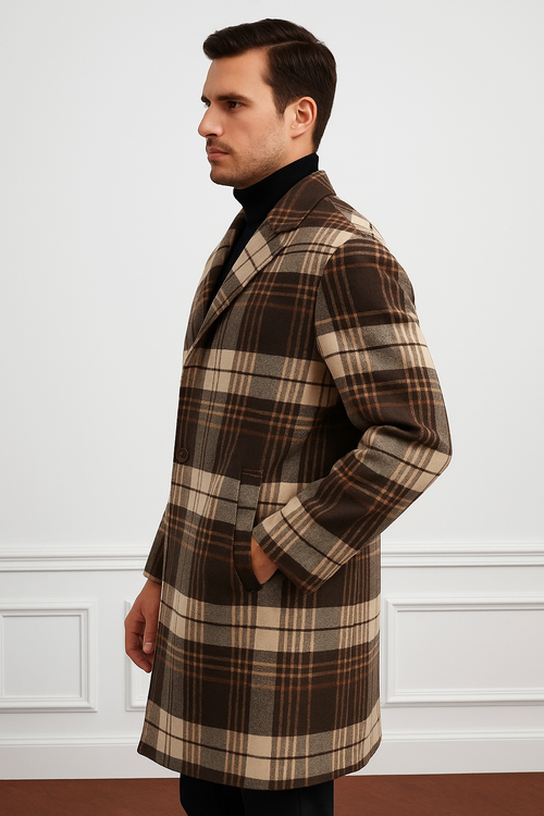 Plaid Wool Overcoat â€“ Brown & Camel Mixed Color Topcoat