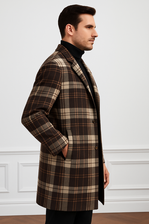 Plaid Wool Overcoat â€“ Brown & Camel Mixed Color Topcoat
