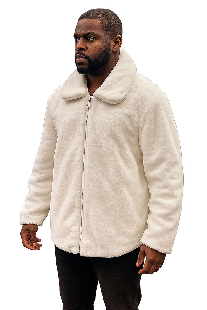 Men's White Fur Short Coat â€“ Single Breasted, Full Zip, Regular Fit