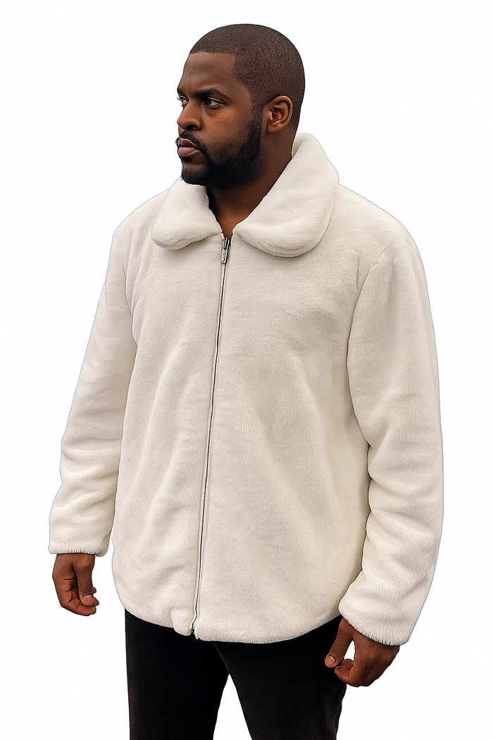 Men's White Fur Short Coat â€“ Single Breasted, Full Zip, Regular Fit