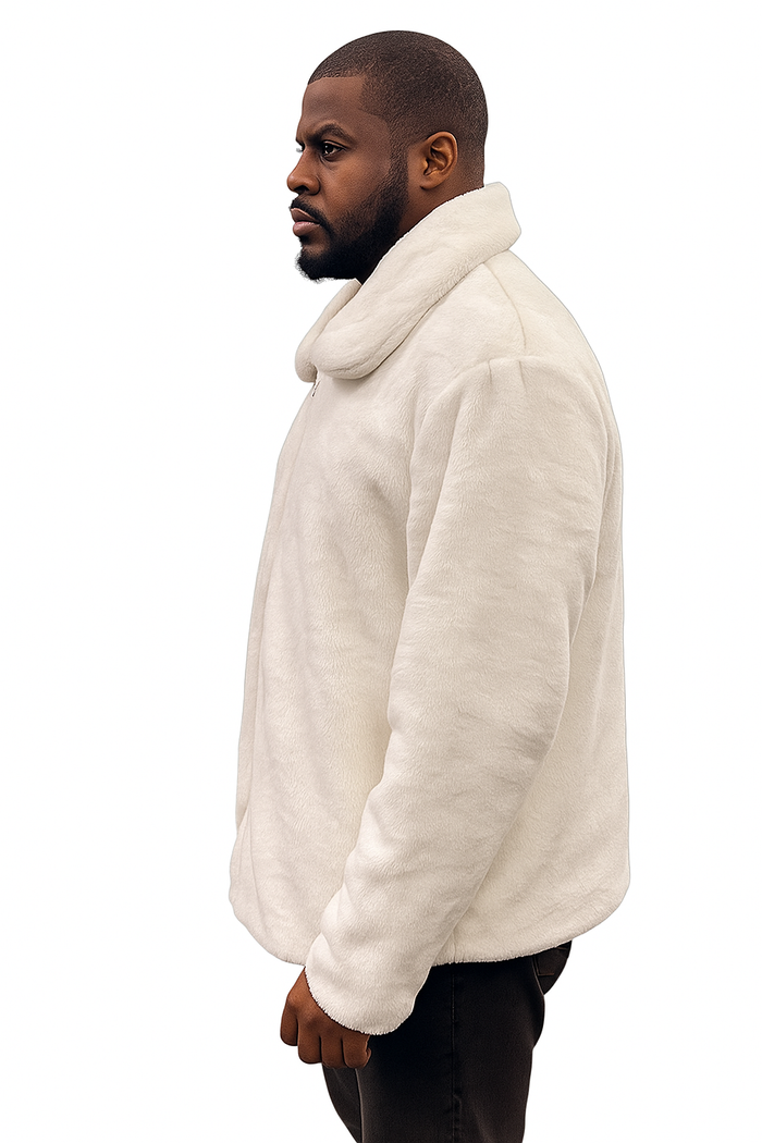Men's White Fur Short Coat â€“ Single Breasted, Full Zip, Regular Fit