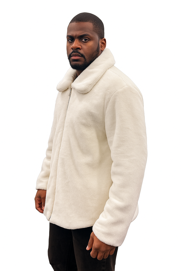 Men's White Fur Short Coat â€“ Single Breasted, Full Zip, Regular Fit