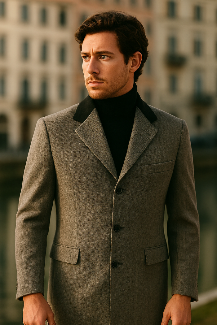 Herringbone Wool & Cashmere Chesterfield Overcoat 1920s Full Length