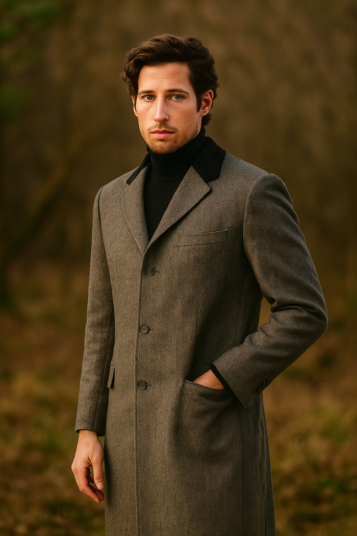 Herringbone Wool & Cashmere Chesterfield Overcoat 1920s Full Length