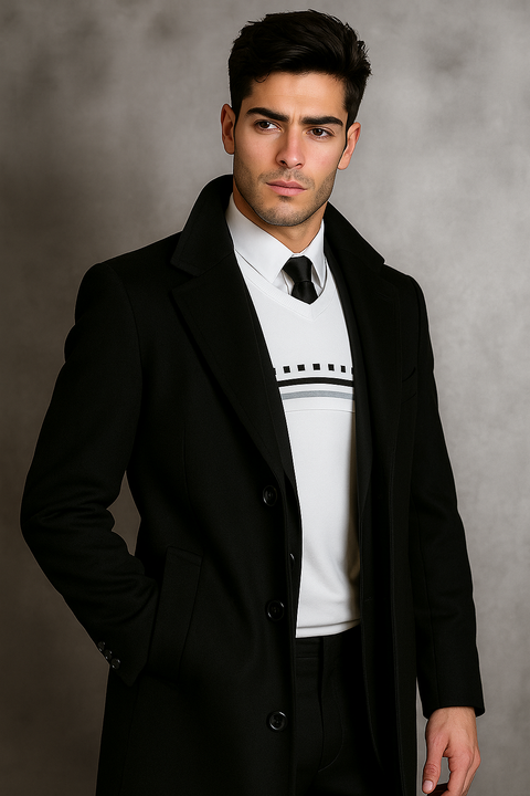 Men's Black Wool Overcoat – Big & Tall Dress Topcoat in Dark Color