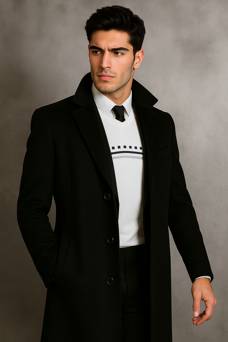 Men's Black Wool Overcoat Big & Tall Dress Topcoat in Dark Color