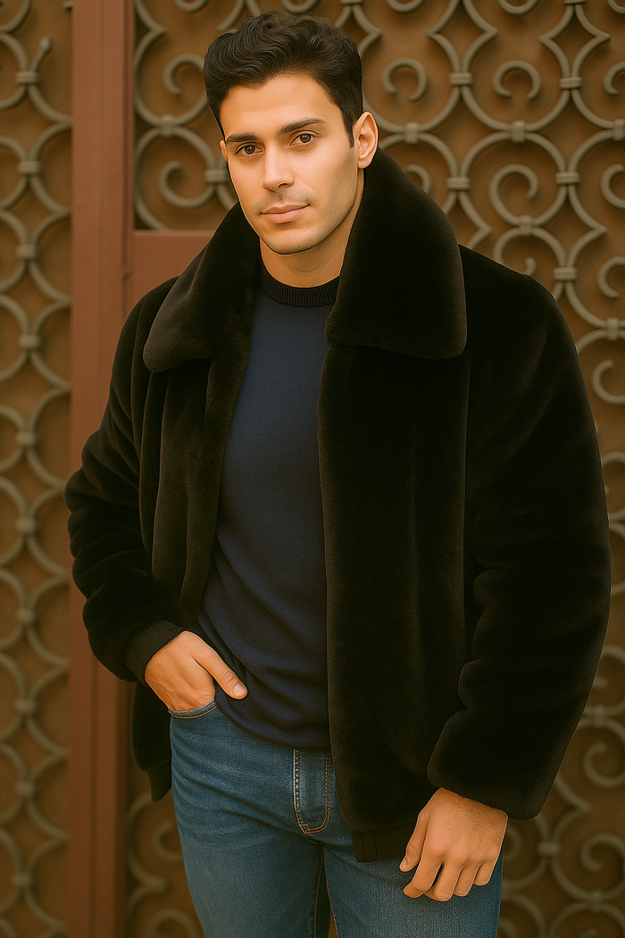 Men's Black Faux Fur Overcoat Fuzzy Warm Winter Jacket Style