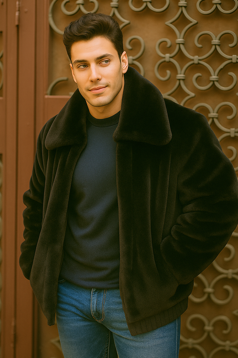 Men's Black Faux Fur Overcoat Fuzzy Warm Winter Jacket Style