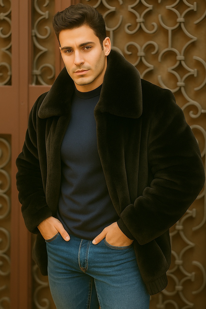 Men's Black Faux Fur Overcoat Fuzzy Warm Winter Jacket Style